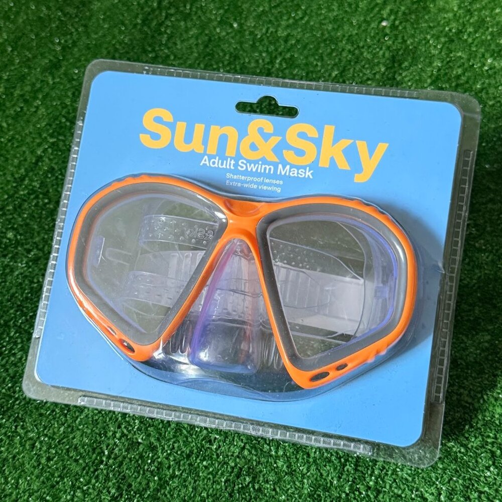 Sun & Sky Adult Swim Mask - Orange & Grey- Shatterproof Lens Extra Wide View NEW